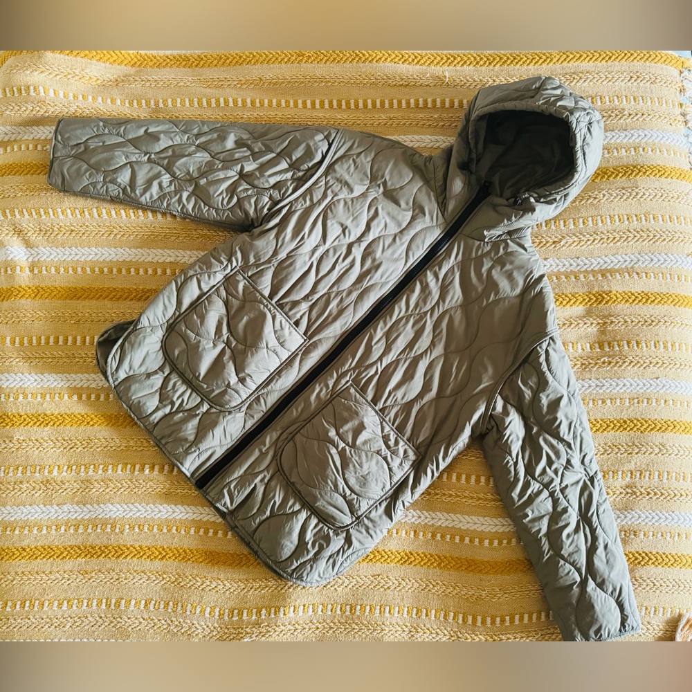 Olive Green Oversized Quilted Hooded Jacket Coat Zara